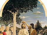 London National Gallery Top 20 01 Piero della Francesca - The Baptism Of Christ Piero della Francesca - The Baptism of Christ, 1440-45, 167 x 116 cm. This painting of Jesus being baptized by John the Baptist was voted #9 in the 2005 BBC Greatest Painting in Britain Poll. A line from the apex of the arched top runs through the beak of the foreshortened white dove of the Holy Spirit, through the trickle of water from the equally foreshortened bowl held by John, its rim catching the sunlight, down the middle of Christ�s face, and through his reverently clasped hands, ending in the heel of his right foot, on which his weight is supported. The three angels on the left wait to dry and clothe Christ, while to the right of John, a man preparing to be baptized gets undressed. The landscape reveals Piero as a master of spatial depth, as evidenced in the river Jordan winding its way into the background and mirroring the landscape around it.